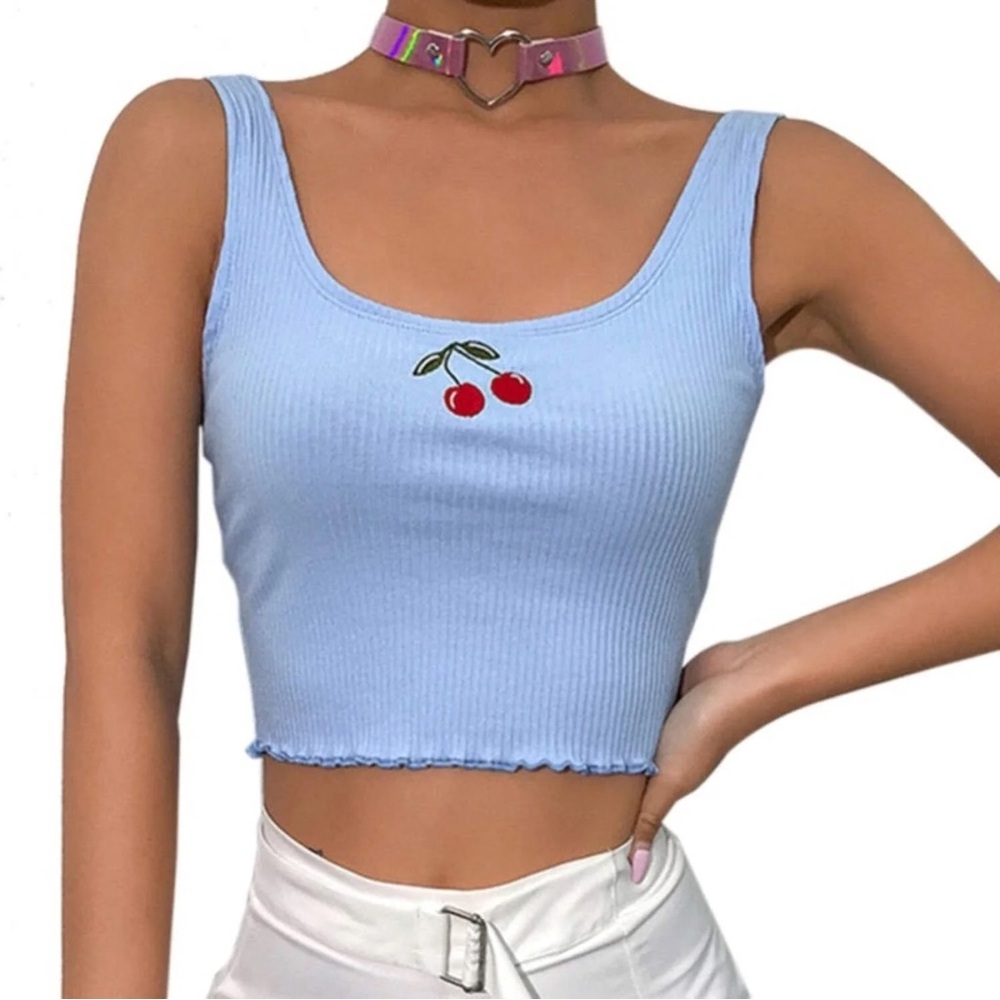 Blue Cherry Embroidered Ribbed Tank Top